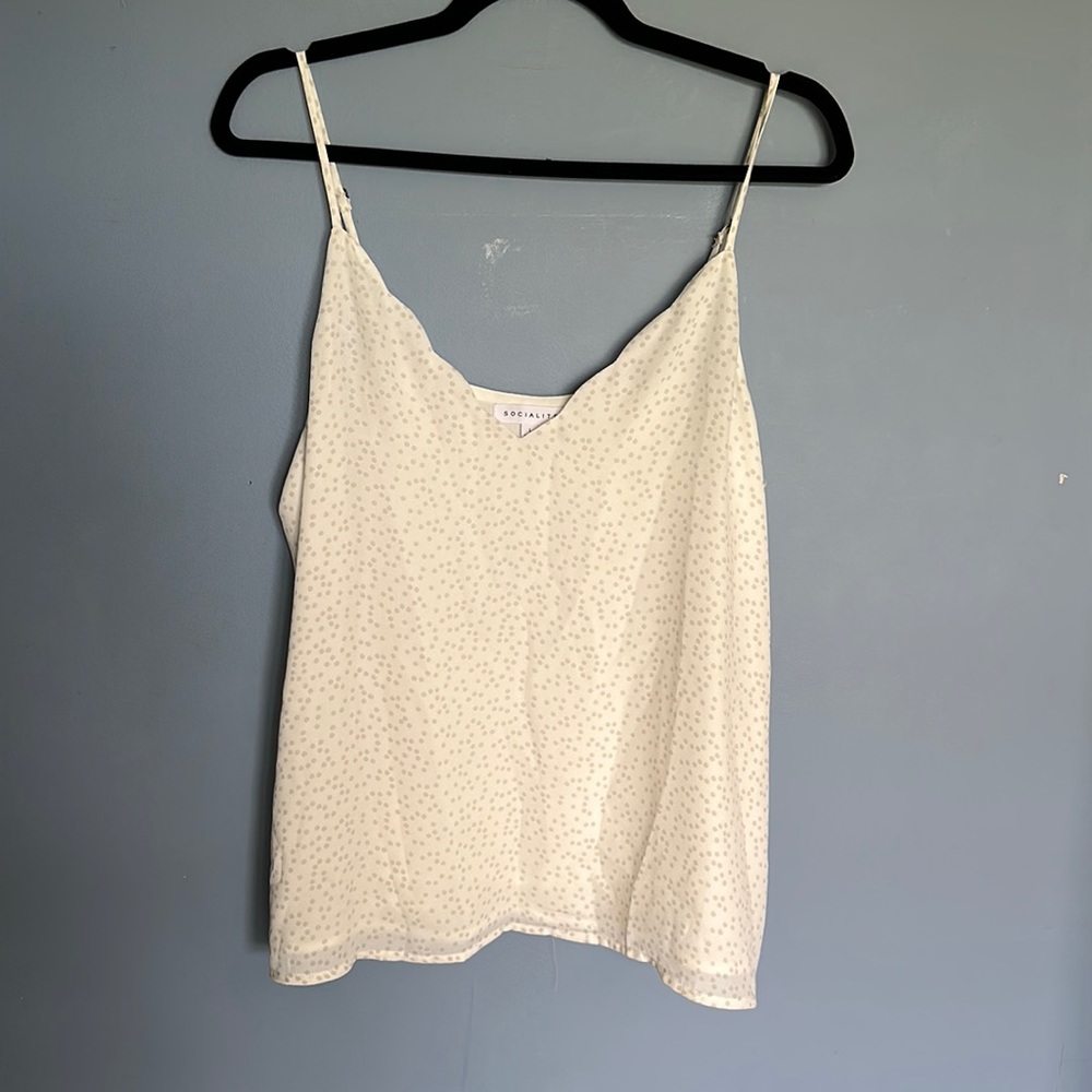 Socialite Ivory & Grey Polka Dot Scallop Lined Cami; Sz L